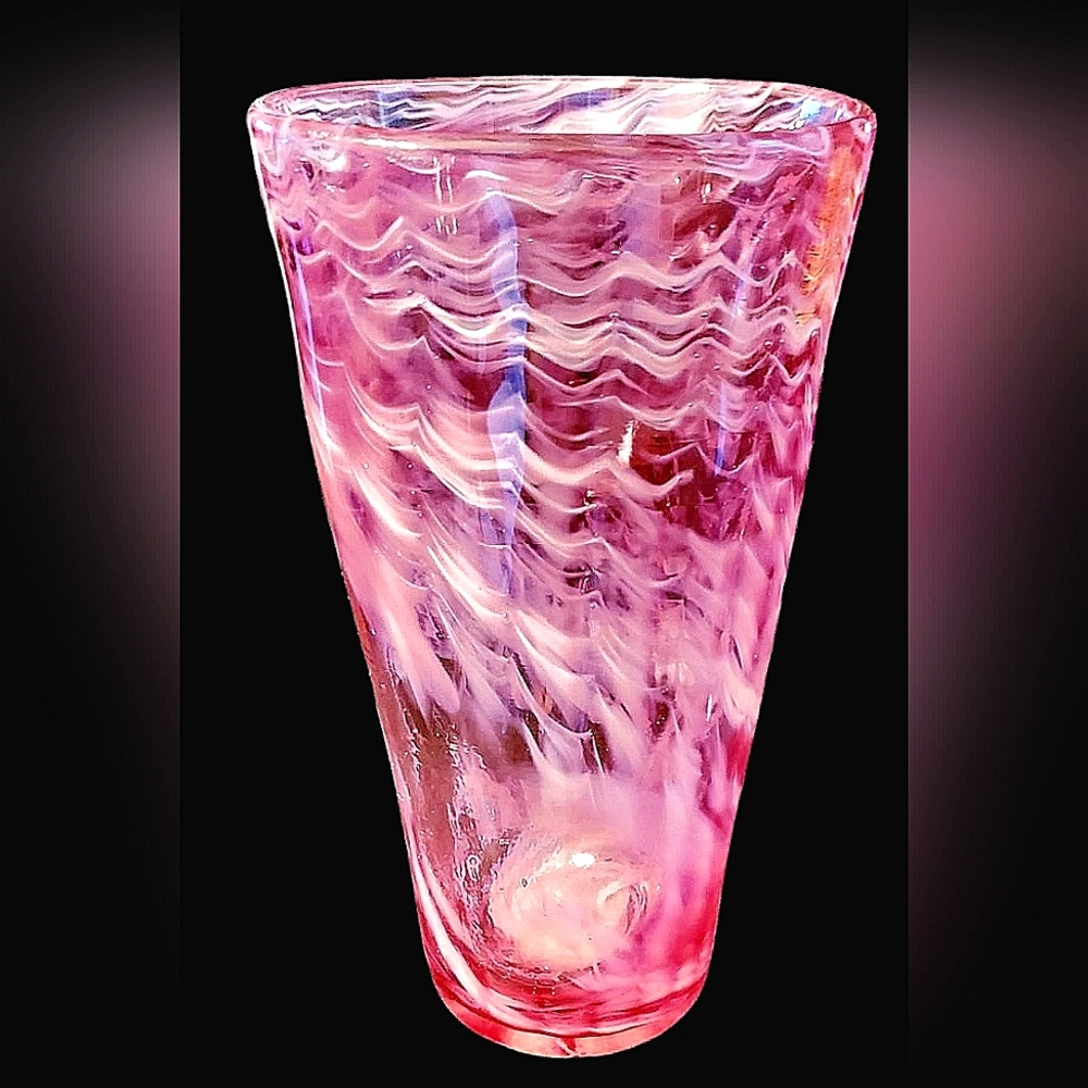 Handblown Pink and White Wavy/Swirl Art Glass Vase Signed